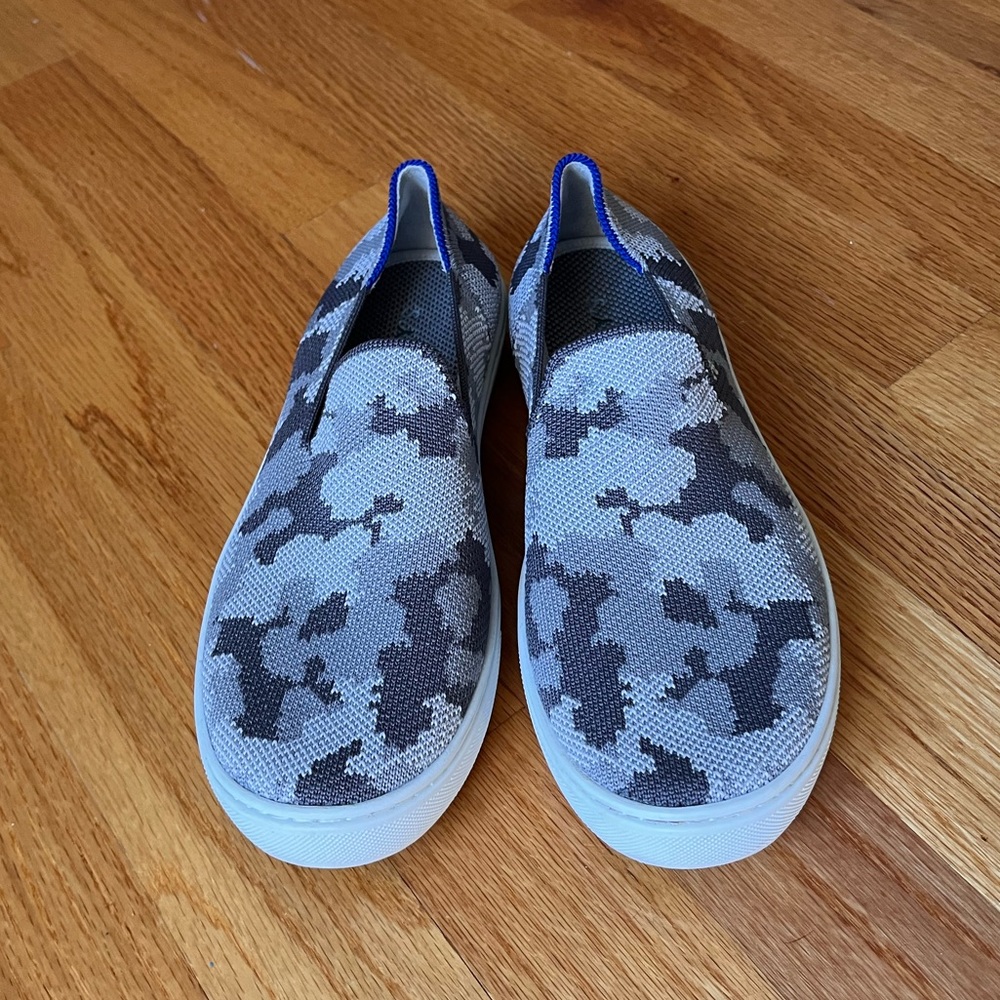 Rothy's Kids Slip-On Sneakers in Gray Camo with Blue Trim